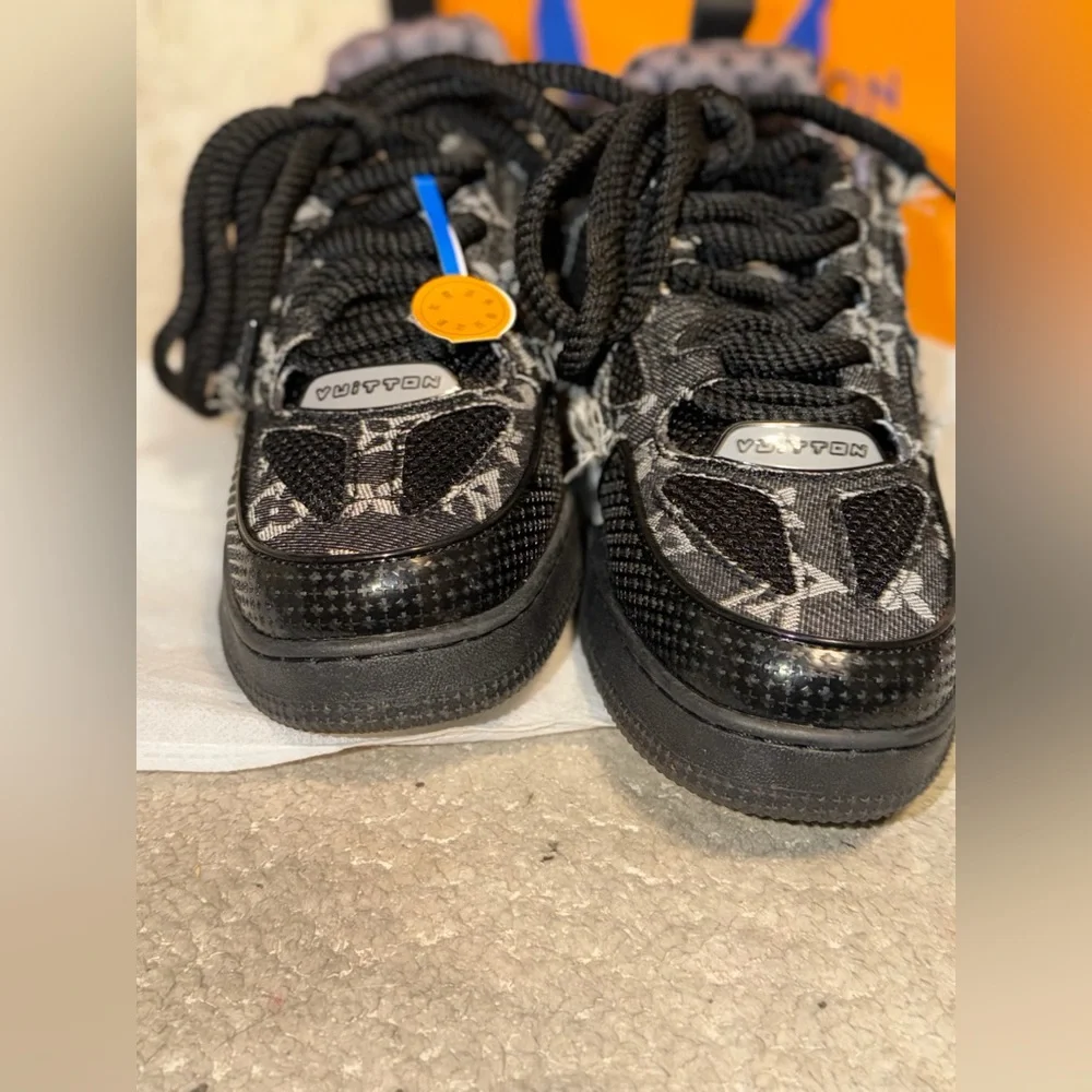 Fashion inspired Black and Grey Monogram Patchwork Sneakers - Picture 3 of 7